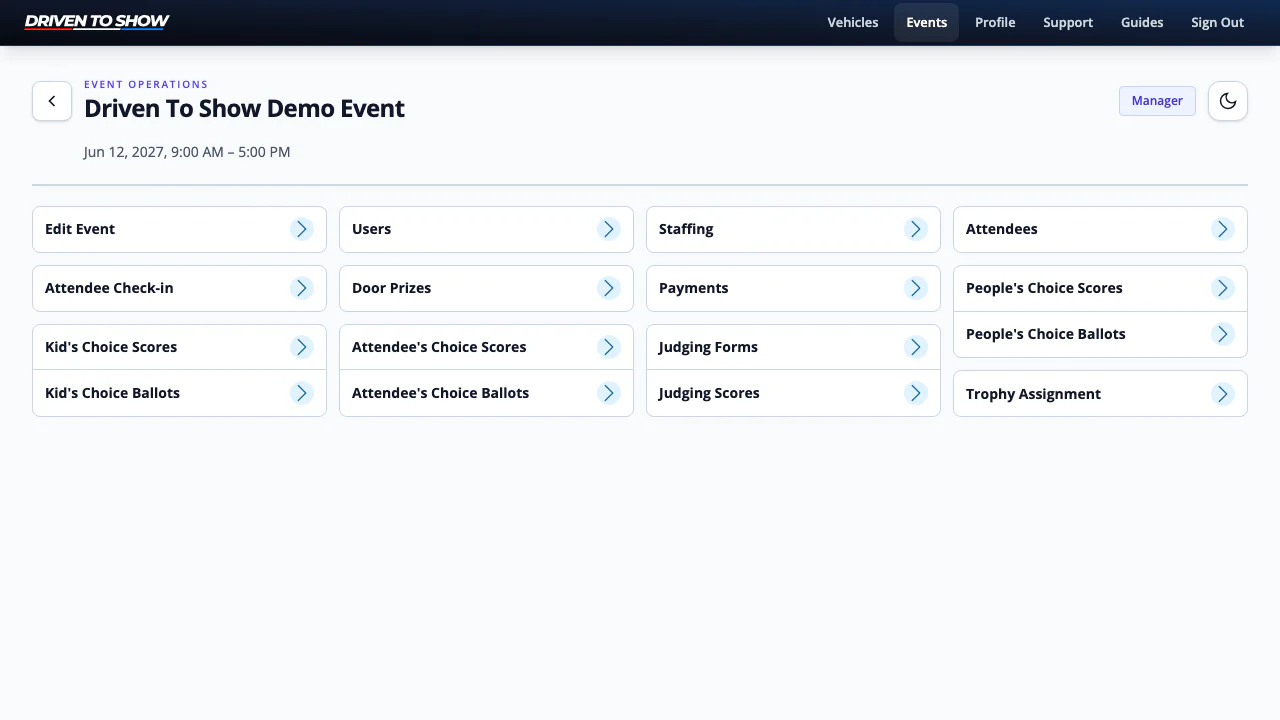 Driven to Show organizer dashboard with event setup, attendees, check-in, payments, voting, judging and trophy assignment tools