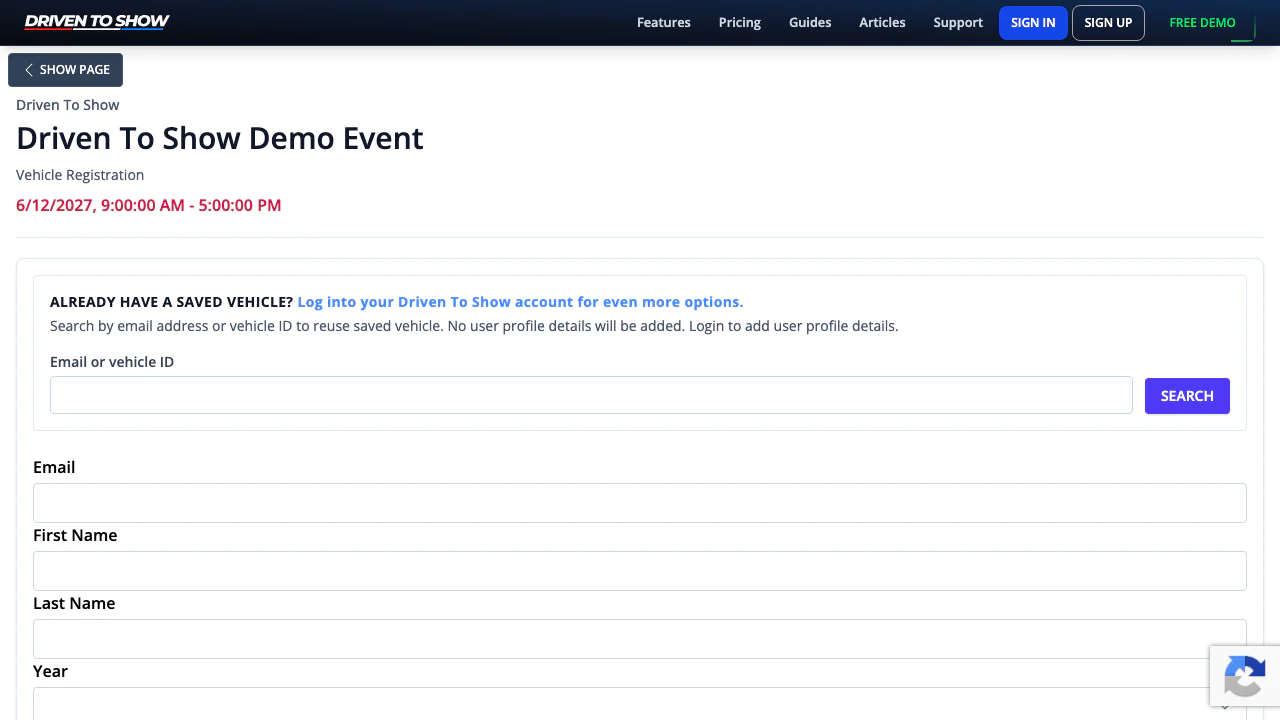 Driven to Show vehicle registration page showing saved vehicle search and participant fields